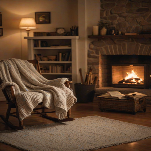 Warmly lit photo of a cozy living room with a crackling fireplace, soft light casting shadows on the walls, with a knitted blanket draped over a rocking chair and books on a side table.