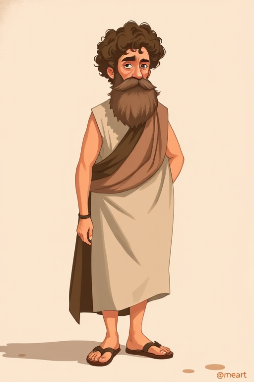 Create an illustration of a historical figure resembling a philosopher with curly hair and a beard, wearing a simple tunic and sandals, standing upright, using a 50mm lens at f/4, ISO 100, and a soft natural light for a warm tone, captured in a medium shot with a focus on character detail, digital art style.