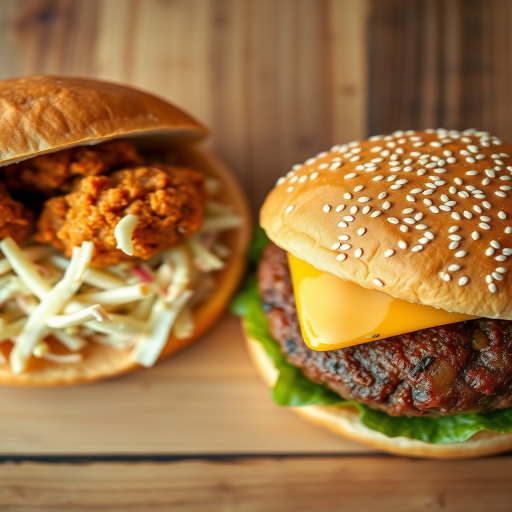 A high-resolution image of two burgers side by side, one with fried chicken and coleslaw in a soft bun, the other with a beef patty, cheese, pickles, and sesame seed bun, shot with a DSLR camera at f/2.8, 50mm lens, ISO 100, natural lighting, top-down view, vibrant colors.