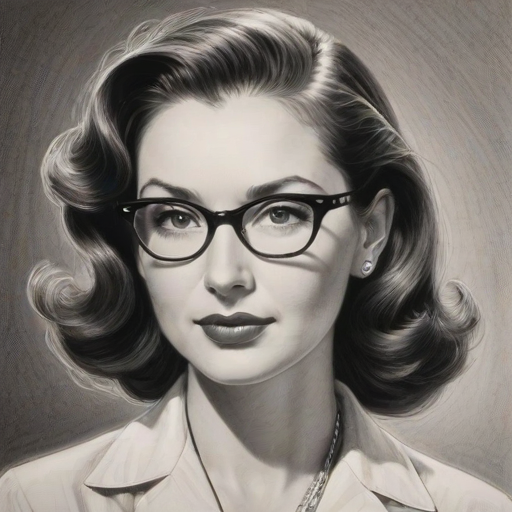 Splendid Donna Murphy, pencil sketch, portrait of Magnificent woman 1952s in glasses, hair style beatnik, outline, clear lines, fine lines, 8k