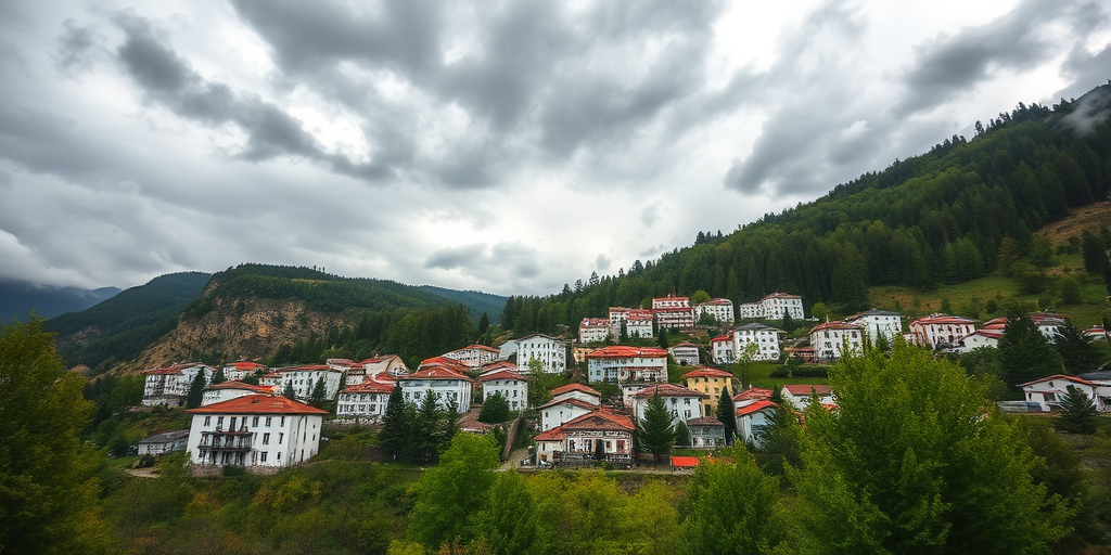 landscape of a village nestled in mountainous terrain under cloudy skies, focus on the contrast between the white buildings and green trees, camera settings: f/8, ISO 200, shutter speed 1/200s, camera view: wide-angle shot, camera style: HDR, camera type: DSLR