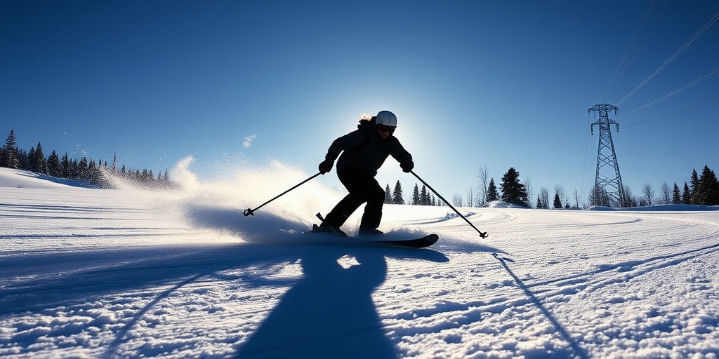 Create a dynamic silhouette of a skier in motion, using a DSLR camera at f/4, ISO 100, 1/500s shutter speed, from a low-angle view, capturing a wide shot in natural winter lighting for enhanced contrast and clarity.
