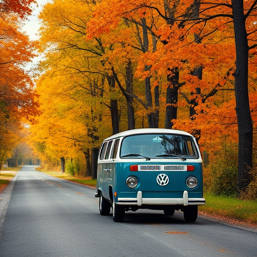 Vintage Volkswagen van parked along a scenic autumn road surrounded by tall trees with orange and yellow leaves, shot with a Canon EOS R5, 24mm lens, f/8 aperture, ISO 100, 1/250 sec, natural light, vibrant colors, slightly elevated angle for depth.
