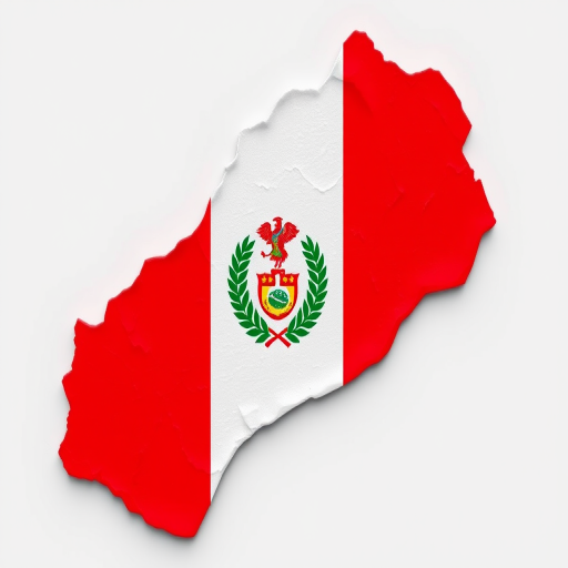 Create an enhanced representation of the map of Peru with the national flag colors, focus on vibrant red and white hues, shot with a 50mm lens at f/8, ISO 100, with a clean background using a DSLR camera in an overhead view for clarity.