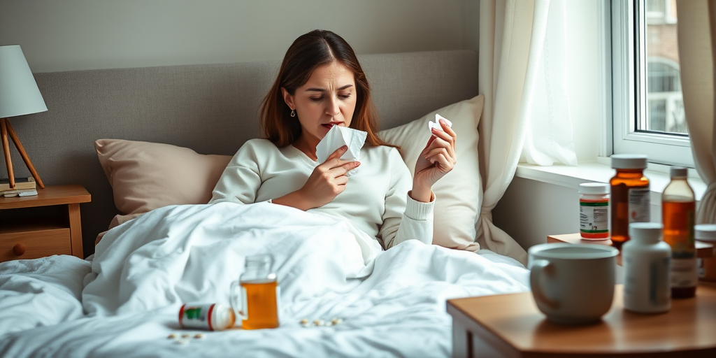 A woman sitting in bed looking sick, with tissues in hand, surrounded by medicine bottles, a cup of tea, and scattered pills on a bedside table, soft natural light coming from a window, DSLR camera, 50mm lens, f/1.8 aperture, ISO 100, shallow depth of field.