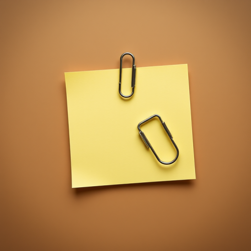 Create an image of a blank sticky note with a paperclip attached, using a high-resolution DSLR camera with an aperture of f/2.8, ISO 100, in a well-lit studio setting, capturing a top-down view, with a soft focus background for depth.