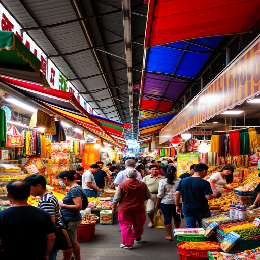 Vibrant marketplace bustling with vendors, their colorful wares displayed under bright awnings, the air filled with the aroma of street food and chatter of excited customers.