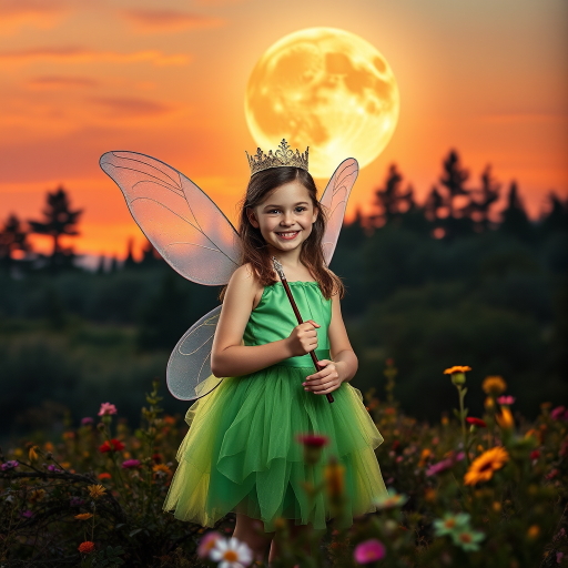 A vivid photo  taken under a bright camera flash of a fantastical scene set against a backdrop of a forest during sunset. The main subject is a girl dressed as a fairy, adorned with translucent wings and a green dress, holding a wand, her face is happy, and she wears a crown on her head. The forest behind her is a blend of flowers, shrubs and trees. The sky is painted in hues of orange and pink, with a large, glowing moon casting a warm glow over the scene. The overall color palette is dominated by earthy tones.