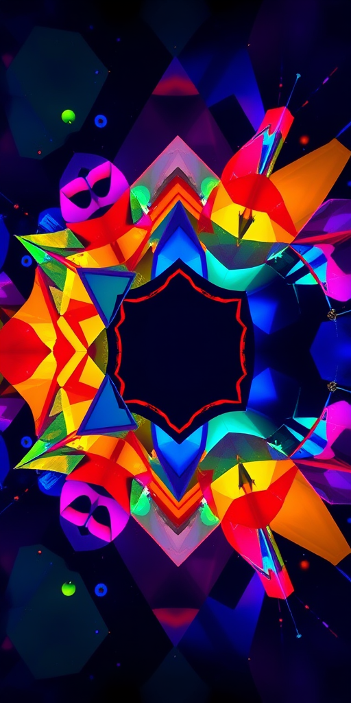 Create an abstract design with vibrant colors and geometric shapes, shot with a Canon EOS R5, 50mm lens, aperture f/1.8, ISO 100, 1/200s, in a high dynamic range style, with a top-down view for depth and perspective.