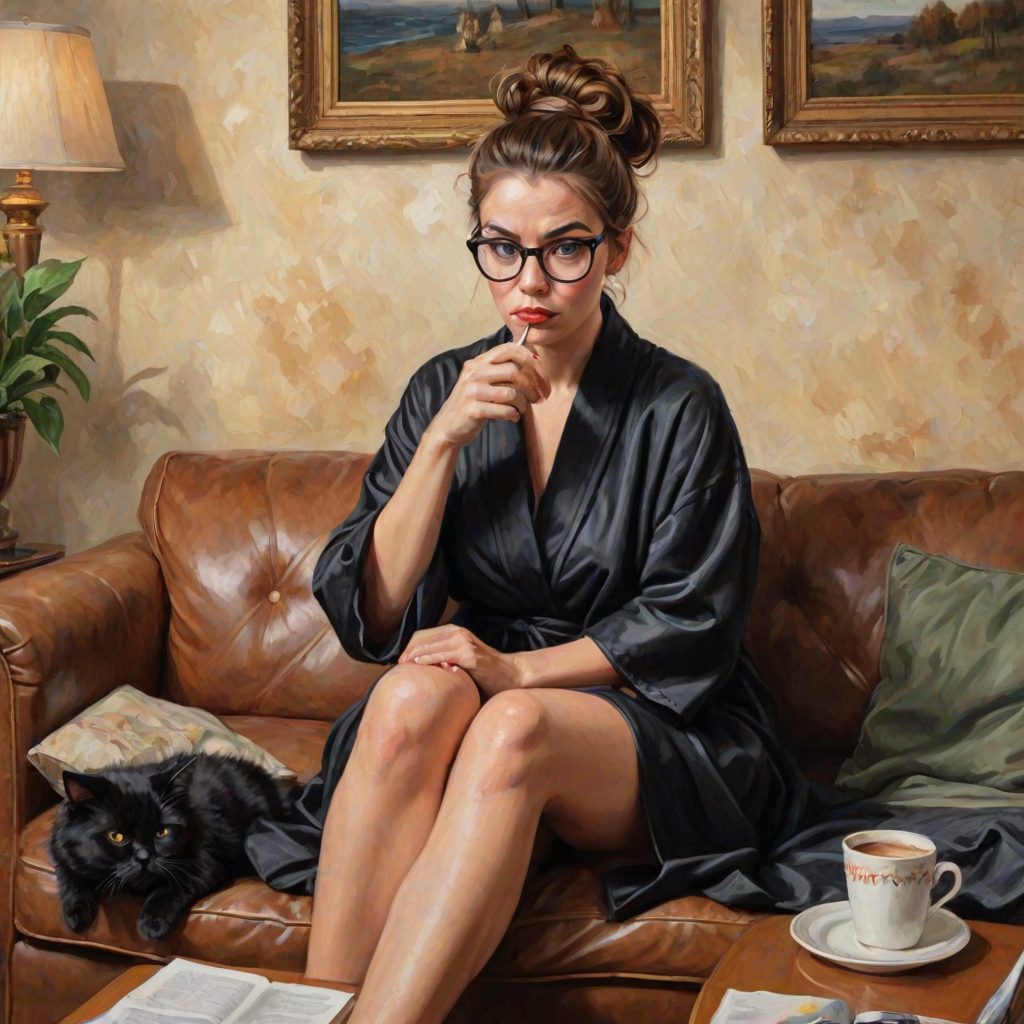 The words ‘Professional Overthinker’ (exact spelling) An exaggerated whimsical illustration of a cute silly lady with unruly messy brown bun and black glasses pouty lips and a thinking expression. Shes sitting on the couch, legs folded wearing a black silk robe, black fuzzy slippers. She’s holding her coffee cup and making a deep-in-thought face.  A quirky scruffy cat (dog) looking at her against a mottled, oil painting style soft background living room setting.