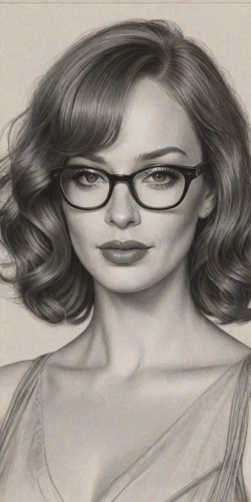 Sublime Christina Hendricks, pencil sketch, portrait of Exquisite woman 1925s in glasses, hair style beatnik, outline, clear lines, fine lines, 8k