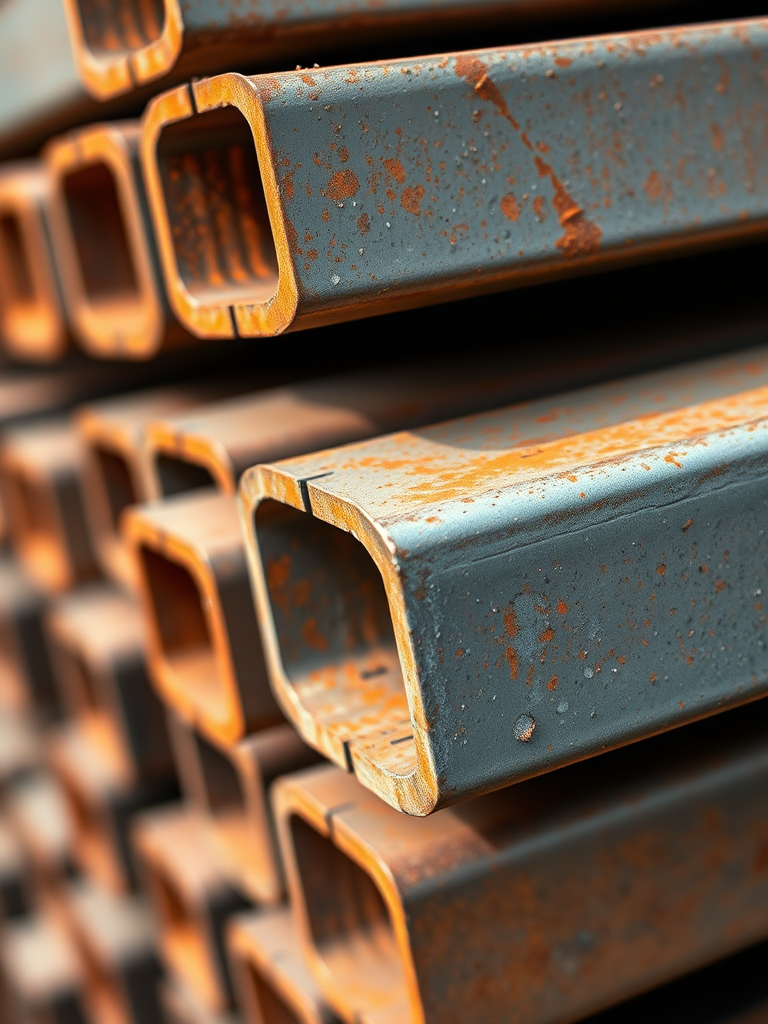 generate a high-resolution close-up image of steel beams stacked at an angle, showcasing the textured surfaces and orange rust details, captured with a DSLR camera at f/8 aperture, ISO 100, 50mm lens, in natural lighting to enhance the contrast and depth.