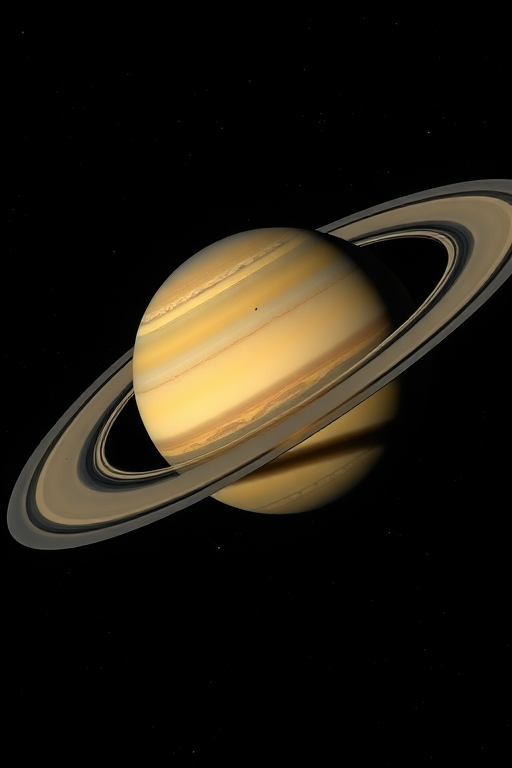 Create an image of Saturn with detailed rings, using a DSLR camera, 50mm lens, f/8 aperture, ISO 100, 1/200 sec exposure, capturing the planet from a cosmic perspective in high resolution.