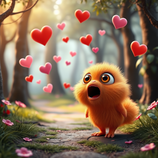 A fluffy orange creature with large eyes and a wide open mouth stands on a path in a whimsical forest, bright pink and red hearts float through the air, the creature has a surprised expression, the light is warm and soft, photorealistic, digital art, 3D style
