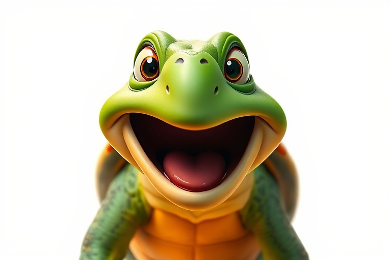 Create a vibrant cartoon-style image of a green turtle with exaggerated facial features, open mouth in a shouting expression, set against a simple, bright background, using a DSLR camera at f/2.8 aperture, ISO 100, 1/500 sec shutter speed, with a 35mm lens in a front view perspective for sharp details and enhanced color saturation.