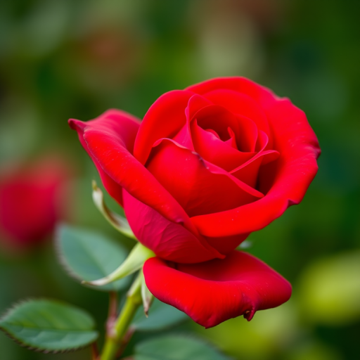 macro shot of a vibrant red rose in full bloom with blurred green background, aperture f/2.8, shutter speed 1/200s, ISO 100, taken with a DSLR camera using a 100mm lens, natural lighting, focus on flower details