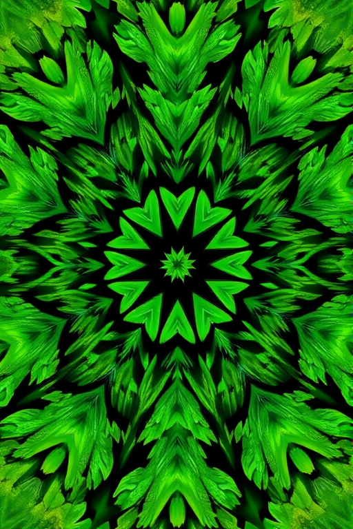 generate a symmetrical kaleidoscopic pattern featuring vibrant green foliage with intricate details, captured with a DSLR camera at f/8 aperture, 1/125 shutter speed, ISO 200, using a macro lens for enhanced texture and depth, view from directly above the center, in high-resolution quality.
