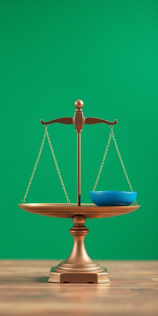 Create a high-resolution image of a traditional balance scale with one side colored green and the other blue, using a DSLR camera with a 50mm lens, f/1.8 aperture, 1/125s shutter speed, and a focal length of 50mm, shot from a slightly elevated angle to capture depth and detail.
