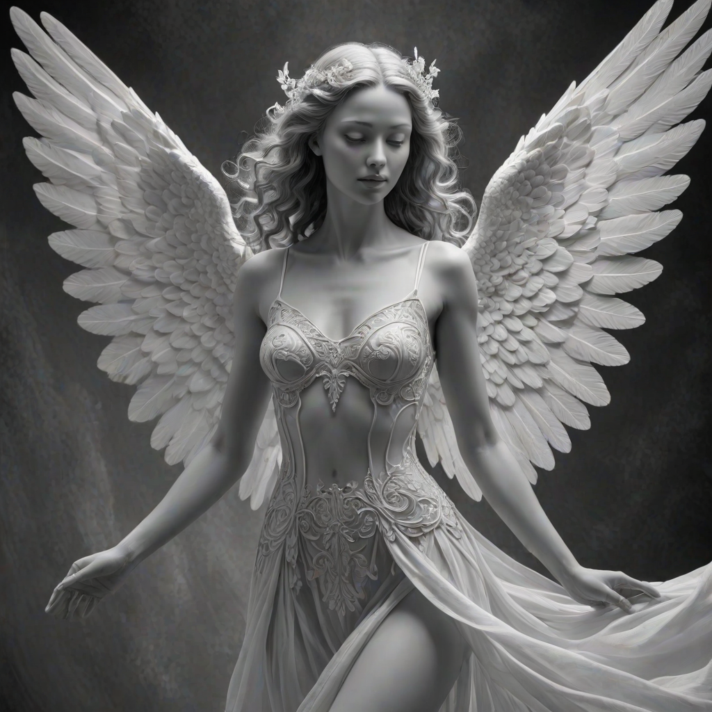 An angel, crafted in the unique style of Folk Art, as she unfolds herself against an ethereal backdrop, her wings softly billowing, face radiating a heavenly glow, every curl in her strikingly serene countenance finely brushed, monochrome, detailed techniques, ultra fine, breathtaking surreal masterpiece