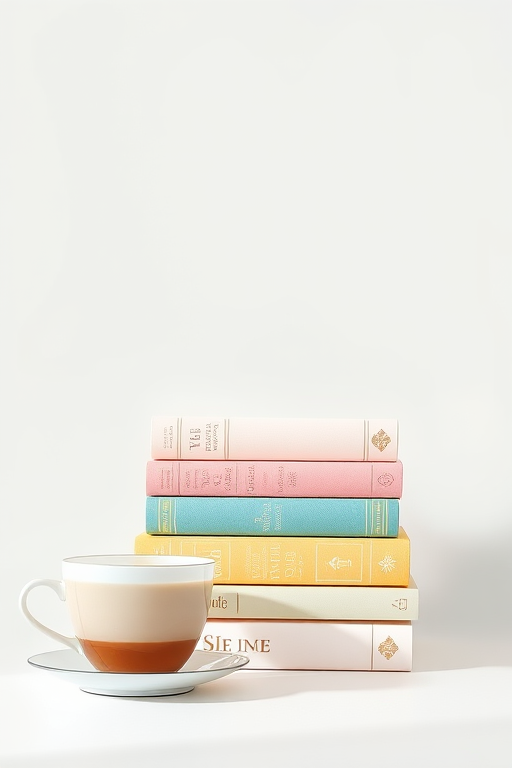 Generate a minimalist illustration of a stack of five decorative books with pastel colors and a large cup of tea or coffee beside them, focusing on soft lighting, a depth of field effect, captured with a DSLR camera at f/2.8, 50mm lens, natural light, shallow focus, and a clean background to enhance clarity and detail.