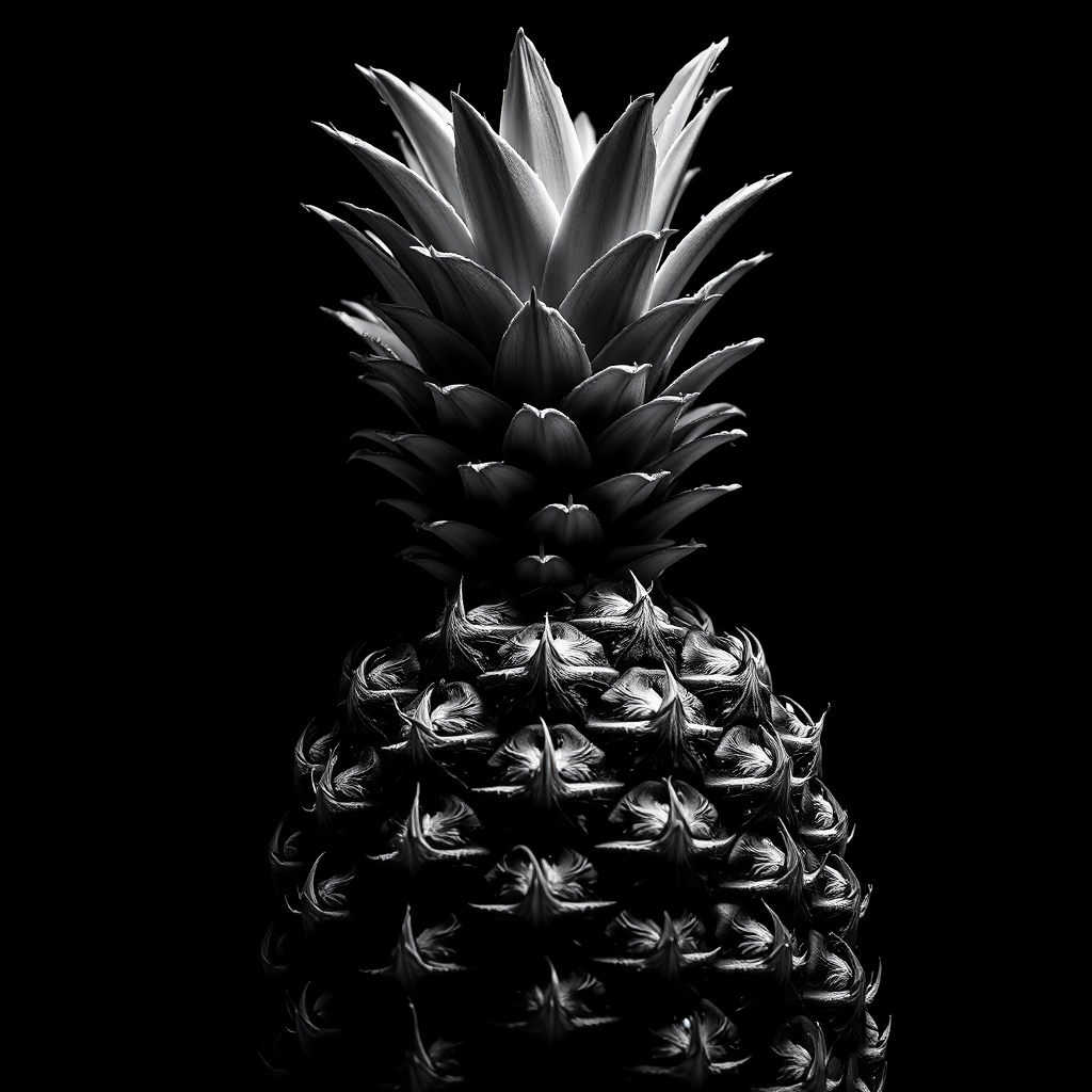 Create a high-contrast black and white image of a pineapple. The pineapple should be prominently featured with a dramatic lighting effect to highlight its texture and details. The background should be completely black to enhance the focus on the pineapple, emphasizing its unique spiky crown and rough skin.