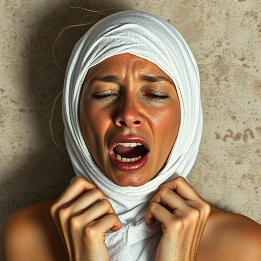 Create a close-up photographic image of a Aboriginal Australian woman with light skin tones shown against an old, worn wall. Their head is wrapped in a white cloth covering (i.e.... parts of the head except the nose and mouth, which are open as if they are screaming...), with a slight texture and visible folds in the fabric. Thin strands of blonde hair escape from the wrapping above, falling lightly at the top and sides. Their hands hold the fabric as if they are tugging nervously. The lighting is dramatic and even, casting strong shadows. The image has a minimalist and surreal style with an emphasis on simplicity with soft color tones. The composition is centered.