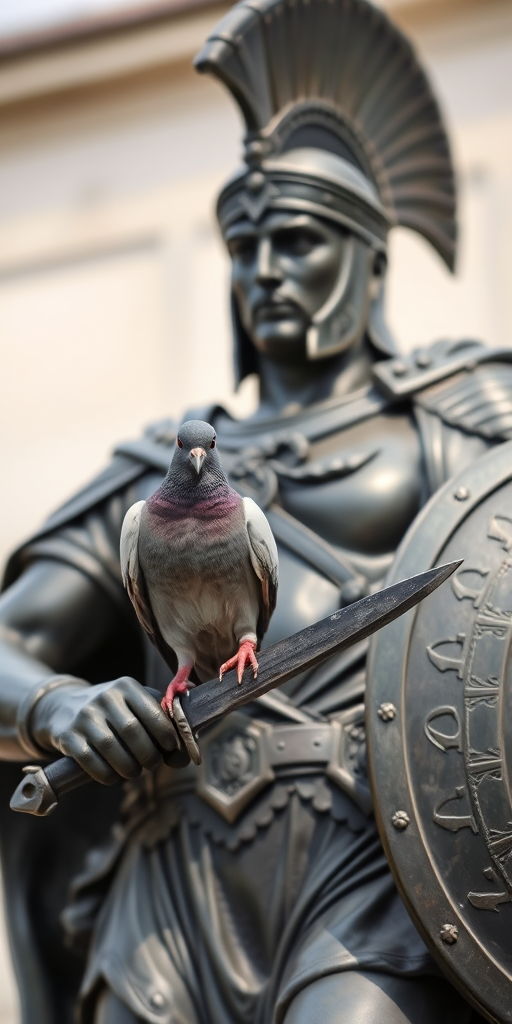 Capture a close-up of a bronze statue of a warrior holding a sword and shield with a pigeon perched on the sword, using a DSLR camera with a 50mm lens at f/1.8, ISO 100, and a shutter speed of 1/200 sec in natural daylight to enhance clarity and background details.