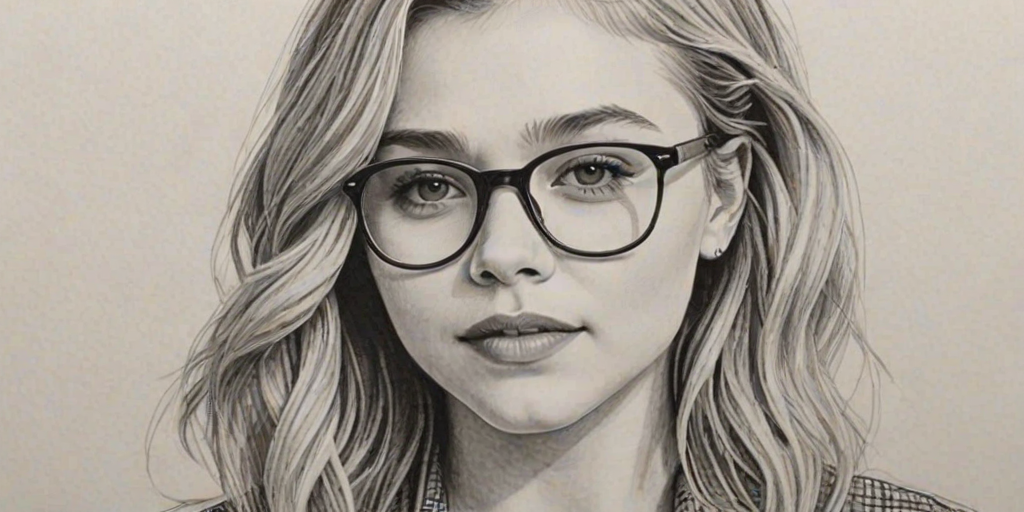 Enticing Chloe Grace Moretz, pencil sketch, portrait of Exquisite woman 1937s in glasses, hair style beatnik, outline, clear lines, fine lines, 8k