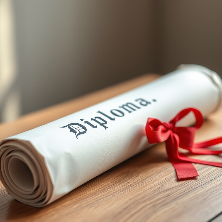 Create a high-resolution image of a diploma scroll with a red ribbon tied around it, captured with a DSLR camera at f/2.8 aperture, 50mm lens, in soft natural lighting, using a shallow depth of field from a slightly elevated angle to enhance the details and textures.
