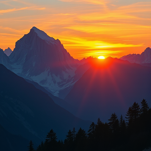 Create a high-resolution artistic illustration of a majestic mountain landscape at sunrise, captured with a Canon EOS R5, 24mm focal length, aperture f/8, ISO 100, in landscape orientation, with vibrant colors and sharp details to enhance the image quality.