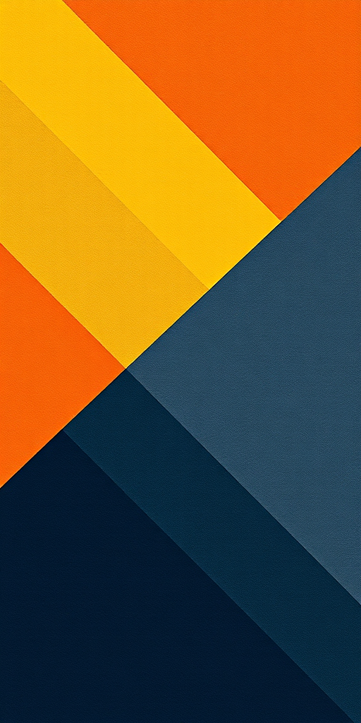 Create an abstract geometric design with vibrant orange, yellow, gray, and dark blue colors arranged in diagonal stripes, using a DSLR camera with a 50mm lens, aperture f/2.8, ISO 100, shot in high dynamic range, top-down view.