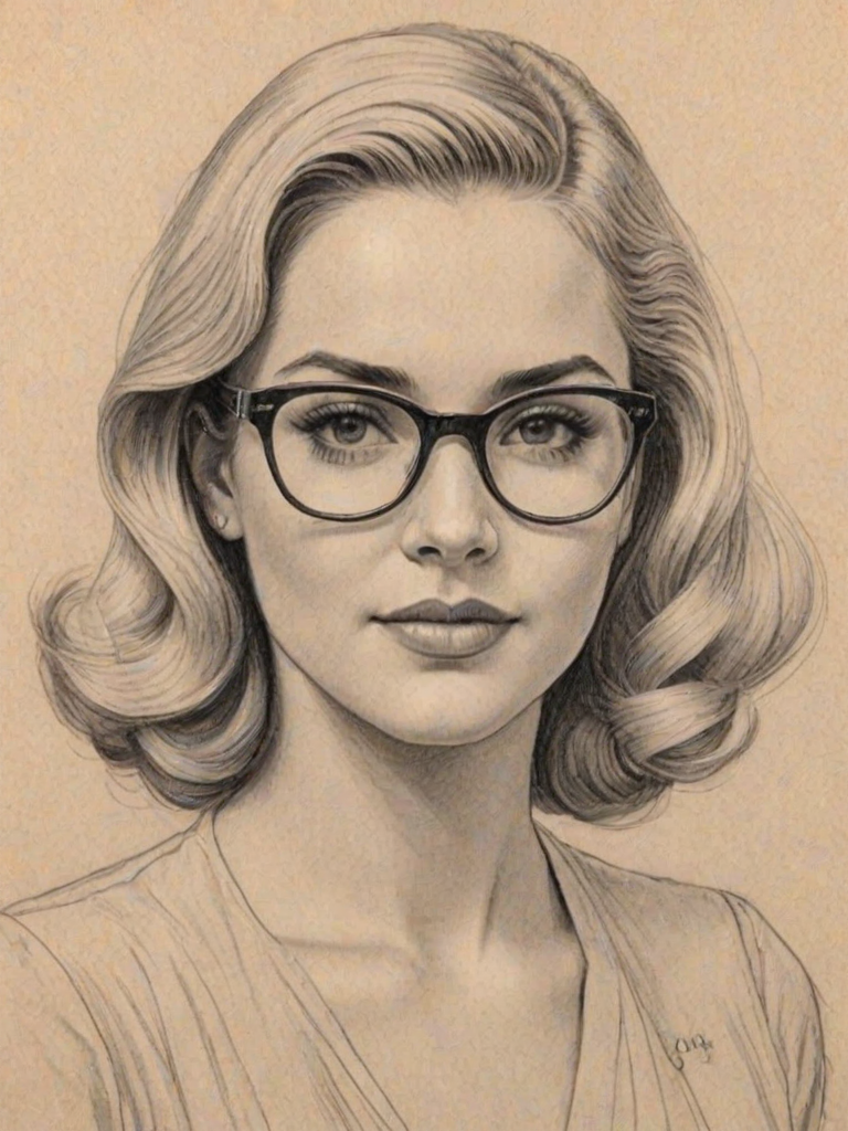 Exquisite Gabby Barrett, pencil sketch, portrait of Beauteous woman 1939s in glasses, hair style beatnik, outline, clear lines, fine lines, 8k