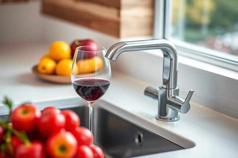 Create a high-resolution image of a modern kitchen sink featuring a sleek, polished chrome faucet, with a glass of red wine beside it on the countertop, styled with fresh fruits in the background, taken with a DSLR camera, ISO 200, aperture f/2.8, focal length 50mm, soft natural lighting, shallow depth of field.