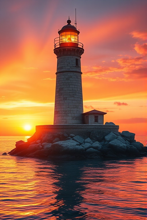 Generate an image of a tall lighthouse perched on a rocky outcrop surrounded by calm ocean waters during a breathtaking sunset. The lighthouse stands sturdy and weathered, its stone surface illuminated by the warm golden light of the setting sun. The sun's rays pass directly through the glass lantern room at the top of the lighthouse, casting a brilliant light across the scene. The sky is painted with vibrant shades of orange, pink, and purple, reflecting off the tranquil sea. The surrounding water shimmers with the same warm hues, creating a serene and majestic atmosphere.