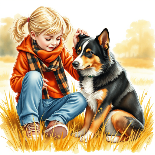 A detailed watercolor and acrylic illustration showing a heartwarming scene between a young blonde girl in pigtails and a Bearnaise Mountain dog. The girl, dressed in a rust hoodie, jeans, and a plaid scarf, gently rests her hand on the dog’s head. The dog, with black, copper, and white fur, sits beside her, tilting its head in affection. They sit on golden grass with wildflowers, against a sunny fall background. The artwork focuses on realistic textures and the tender bond between them.