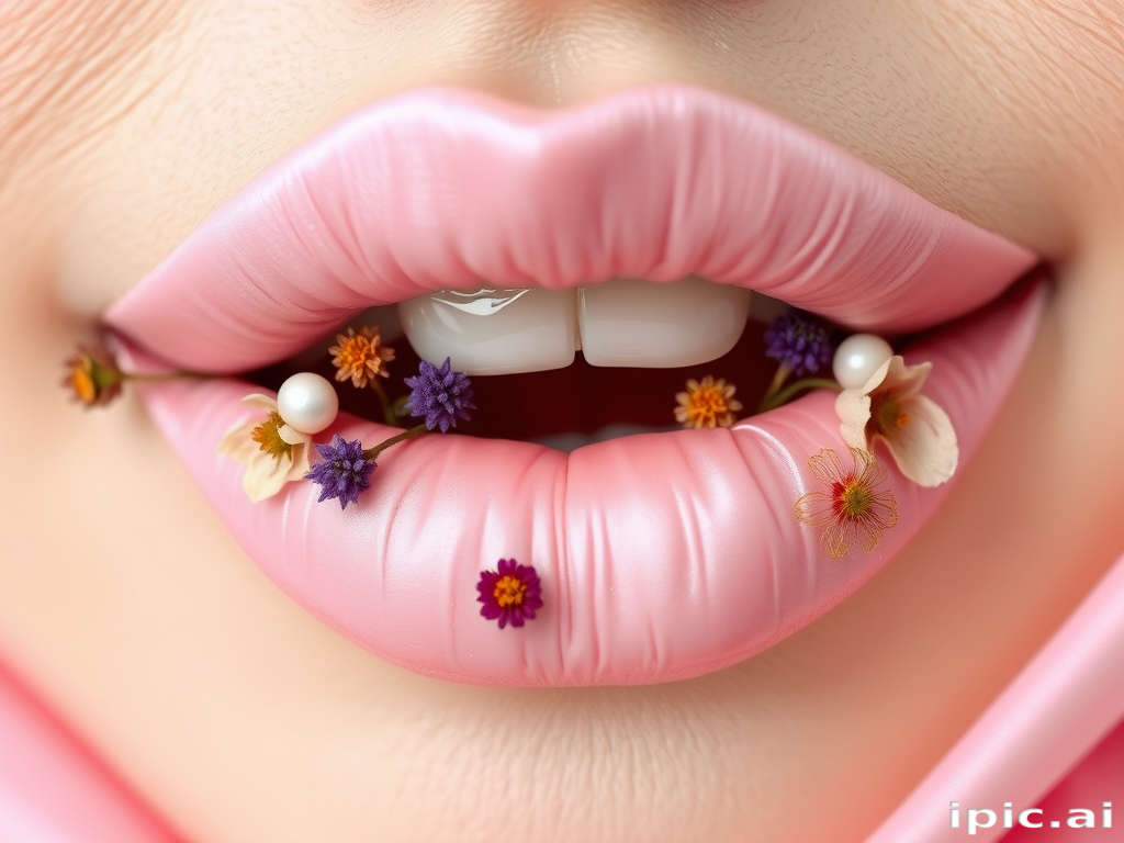 Soft pink satin lips in "Blossom Petal" style, adorned with pressed dried flowers and a subtle pearl sheen, creating a romantic and feminine look
