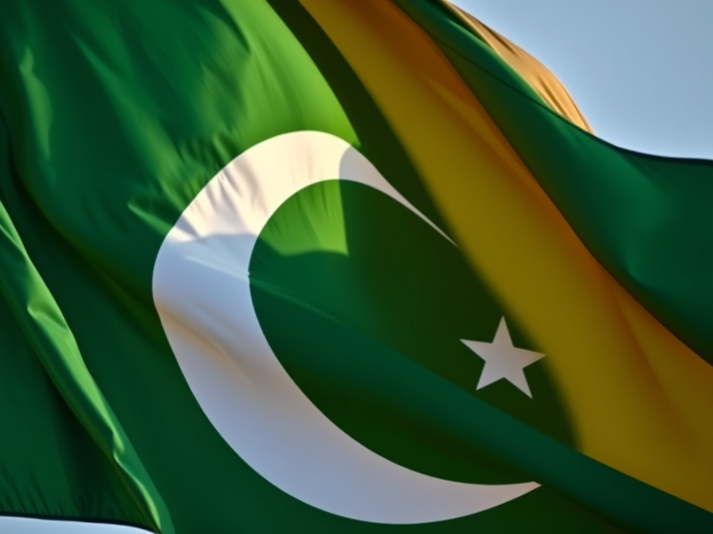 Capture a high-resolution image of a waving Pakistani flag with vibrant colors, using a Canon EOS 5D Mark IV, ISO 100, f/8 aperture, 50mm lens, natural daylight, and a slightly angled view to emphasize the fabric texture.