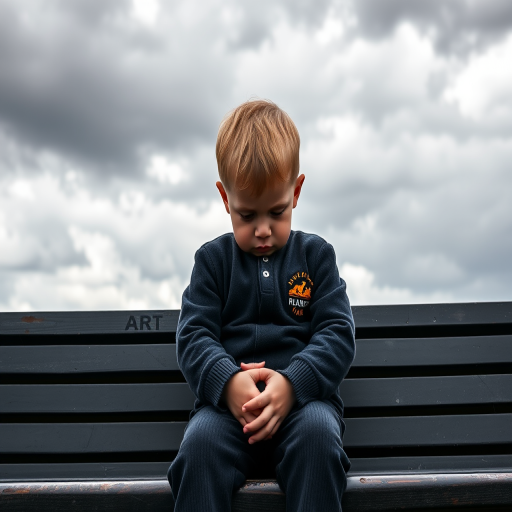 Capture a somber child with head in hands sitting on a bench, dramatic cloudy sky in the background, using a DSLR camera with a 50mm lens, aperture f/2.8, ISO 200, shutter speed 1/200s, natural light for enhanced detail and contrast.