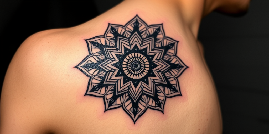 Geometric blackwork tattoo featuring an intricate mandala design on the shoulder blade, composed of bold shapes and intricate patterns, symmetrical and mesmerizing