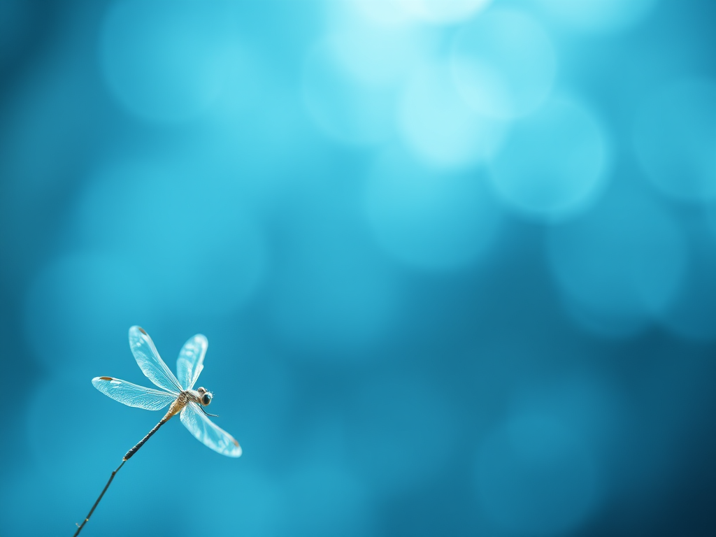 Create an ethereal blue abstract background with soft textures and light glimmers, featuring a translucent white dragonfly in the lower left corner, captured with a DSLR camera at f/2.8, ISO 100, 50mm lens, in soft focus with a shallow depth of field.