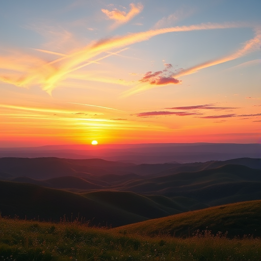 Create a high-resolution digital illustration of a serene landscape featuring rolling hills under a sunset sky, with vibrant colors, using a DSLR camera with a 50mm lens at f/1.8, 1/100s shutter speed, and ISO 200, shot from a low angle perspective to enhance depth and detail.