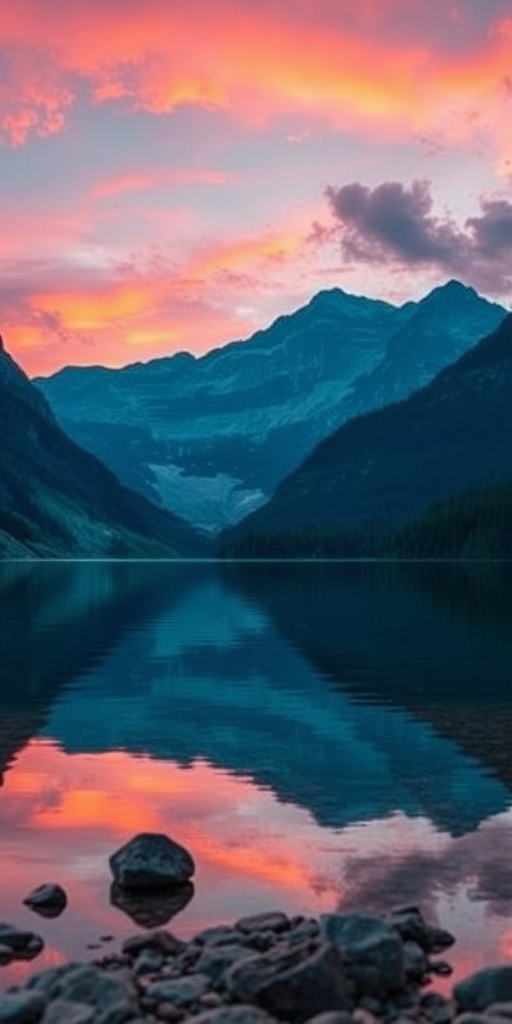 Create a high-resolution image of a serene landscape featuring mountains and a calm lake at sunrise with vibrant colors, shot using a Canon EOS R5 at f/8, ISO 100, shutter speed 1/125 sec, wide-angle lens, taken from a low angle to capture the reflection in the water and enhance the depth of field.
