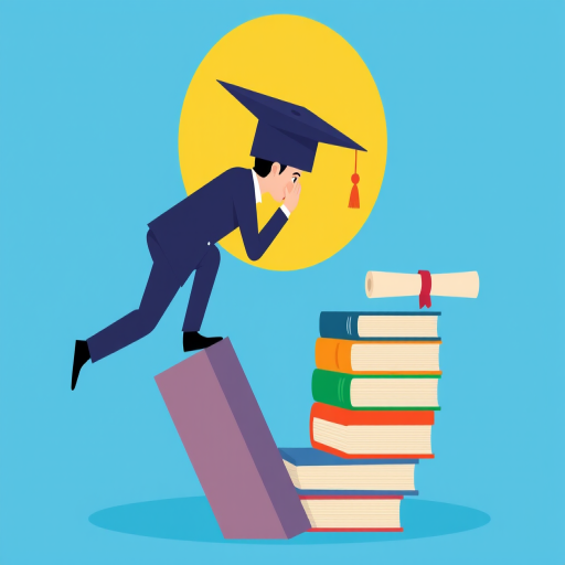 Generate an illustration of a person in a business suit climbing a stack of books towards a graduation cap with a diploma, use a vibrant blue background, focus on a flat design style, camera settings at f/8 aperture, 35mm focal length, 1/100s shutter speed, top-down view, digital art style.
