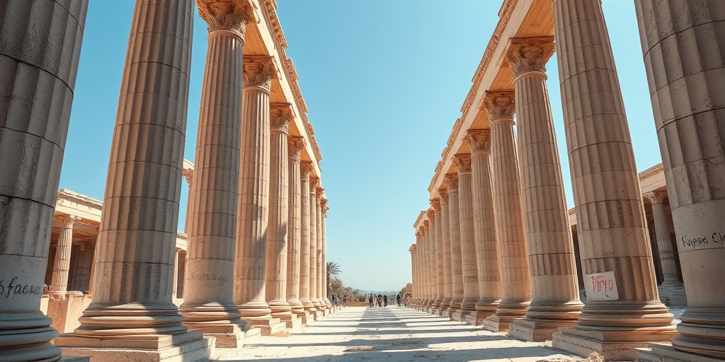Create a high-resolution image of ancient columns in a linear perspective, captured with a DSLR camera at f/8, ISO 100, and 50mm lens, using a wide-angle view to emphasize depth and detail.