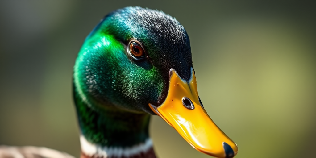 Regenerate a detailed close-up image of a mallard duck with vibrant green head and contrasting yellow bill, using a DSLR camera, 50mm lens, aperture f/2.8, ISO 200, focused on the subject with a shallow depth of field, capturing soft natural light and a blurred background.