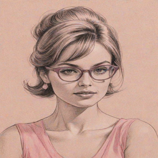 Enticing Pink, pencil sketch, portrait of Radiant woman 1963s in glasses, hair style beatnik, outline, clear lines, fine lines, 8k