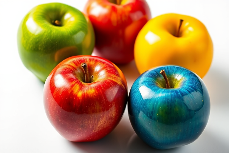Create a high-resolution image of four glossy, colorful apples (green, red, yellow, and blue) with reflective surfaces on a smooth white background, using a DSLR camera with a 50mm lens, aperture set to f/2.8, shutter speed of 1/125 sec, and ISO 100, shot from a low angle for a dynamic perspective.
