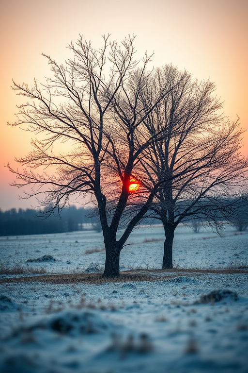 Regenerate a serene landscape scene featuring two trees in a winter setting with soft pastel colors, focus on a warm orange sunset, use a DSLR camera with a 50mm lens, aperture f/8, ISO 200, shot from a low angle to emphasize the foreground, soft focus effect to enhance the dreamy quality.