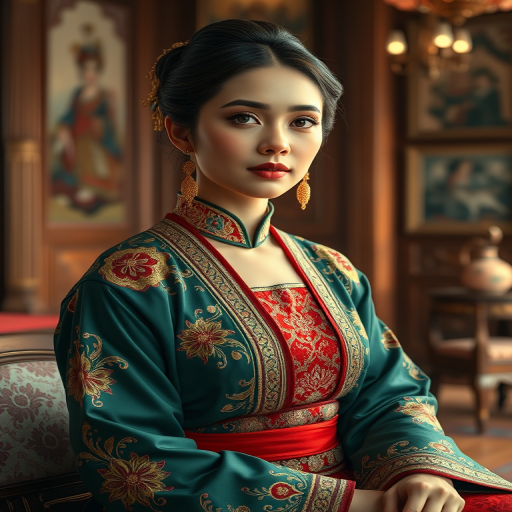 A beautiful Turkish woman in traditional East Asian attire, intricately detailed with embroidered patterns, sitting gracefully in a richly decorated room, soft ambient lighting, serene and elegant, ultra-realistic, 8K resolution