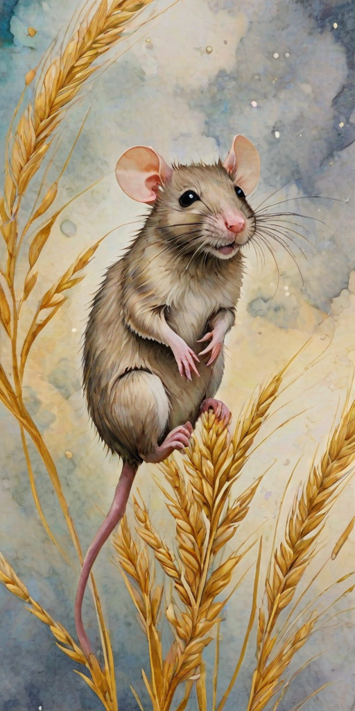 Soft, muted Alcohol Ink with ebru effect background image of tiny whimsical rat, who climbed high on the top of a golden rye ear.